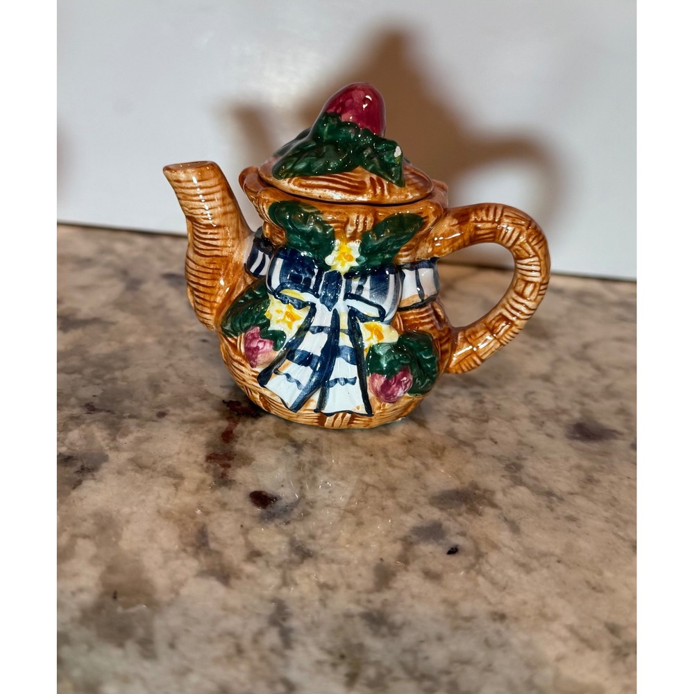 Mini Ceramic Teapot Ribbon Design Whimsical  Decor 2.5"